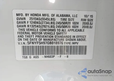 2016 Honda Pilot Touring из США, поврежденный, VIN 5FNYF5H97GB018976